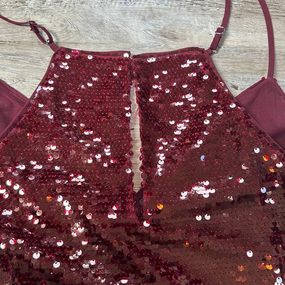 Adelyn Rae Burgundy Sequin Cocktail Dress Size M Holiday Party Asymmetrical Mini - Picture 5 of 8